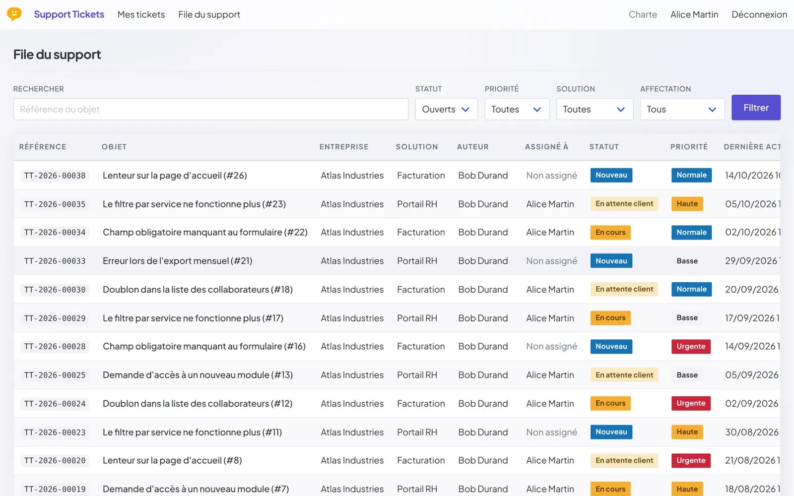 Capture d'écran Outil de ticketing support B2B