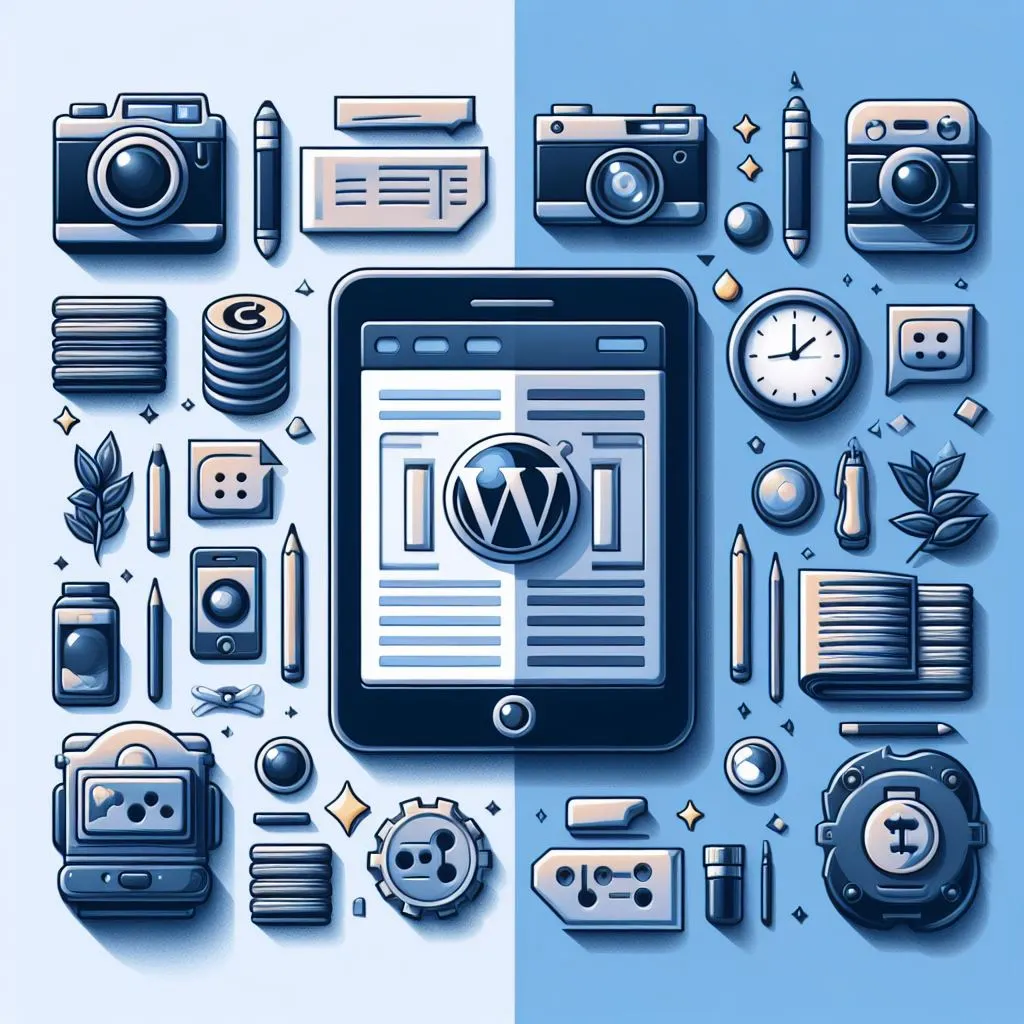 Illustration de l'écosystème WordPress, mêlant créativité (design, contenu) et outils techniques pour la création et la gestion de sites web modernes.